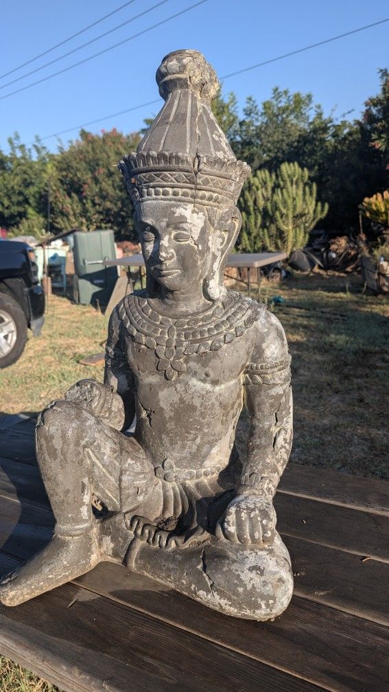 Vintage Southeast Asian Resin Garden Statue 32" Seated Figure with Ornate Crown