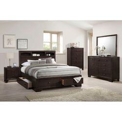 Queen Storage Bedroom Set - Queen Bed, Nightstand, Dresser & Mirror