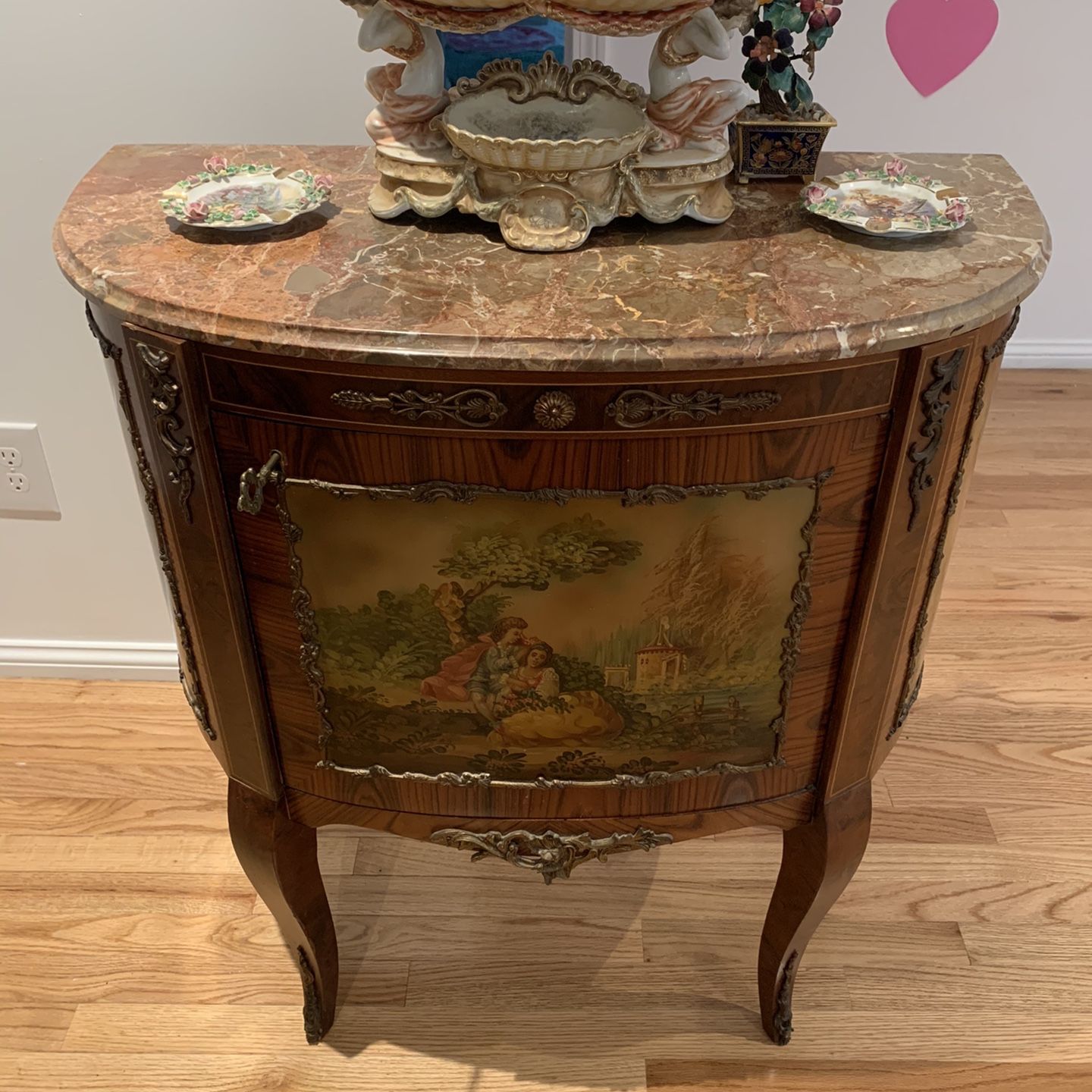Vintage Marble Top Demilune Cabinet