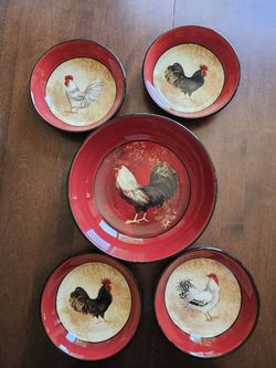 5 Piece Chicken Print Serving Set