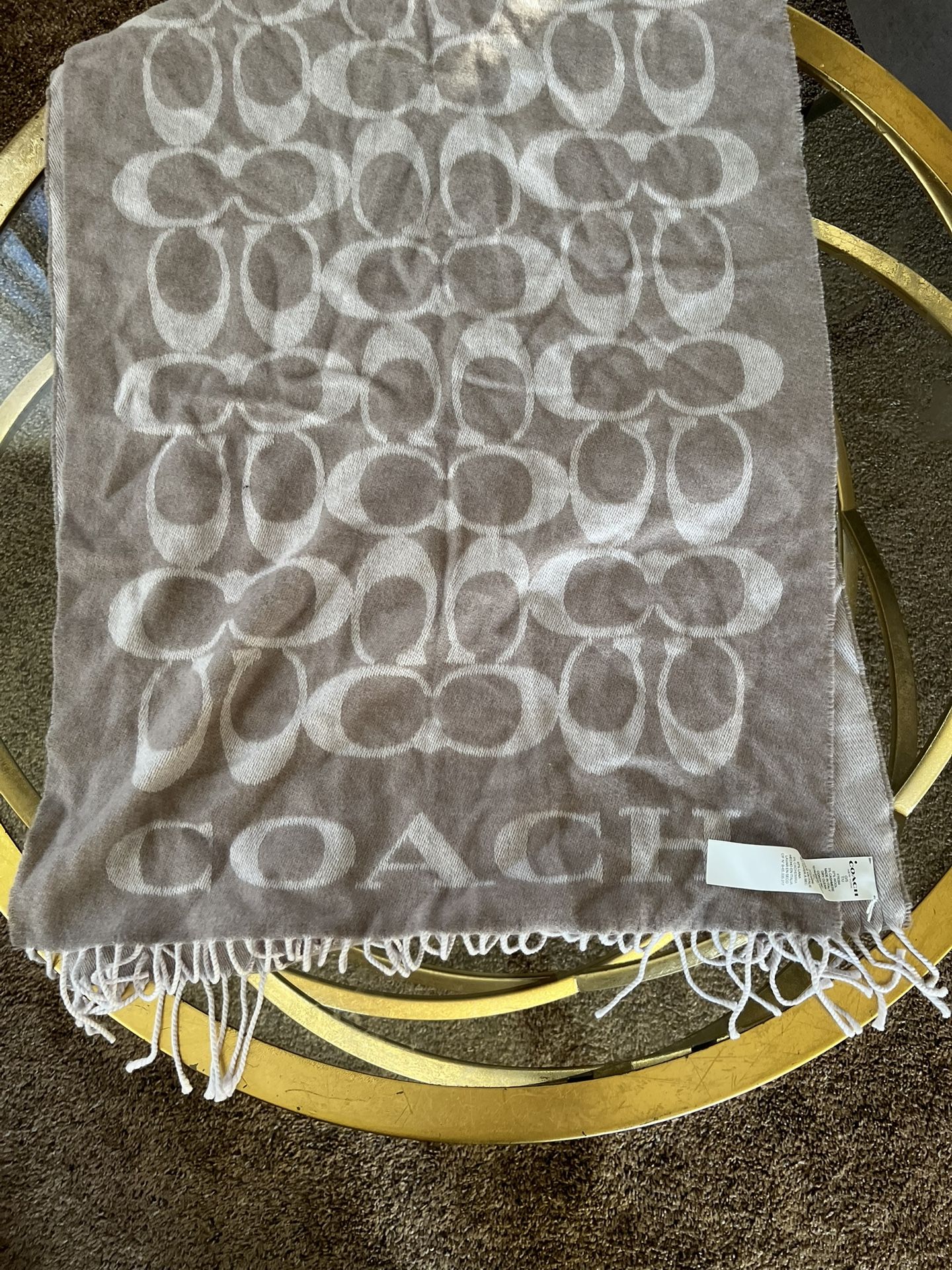 Large Coach F76384 Signature Twill Fringe Logo Wool Cashmere Scarf Grey Beige