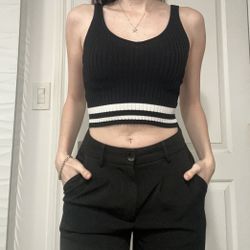 Forever 21 Black with White Stripes Sporty Ribbed Cropped Tank Top
