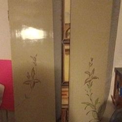 4-Panel Folding Free-Standing Room Divider, Beige Wood Floral Botanical
