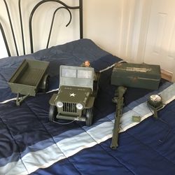 1960’s GI Joe Jeep 7000 , Trailer, Flood Light, Cannon. Wooden Foot Looker & Figure-Sold AS IS