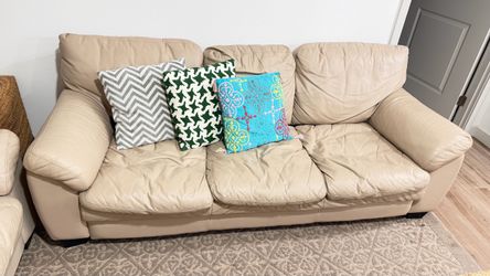 Beige Leather Sofa & Loveseat Set