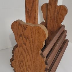 VTG Wood Basket Teddy Bear Book Holder Slat Storage Caddy Organizer Primitive MCM Country Decor

