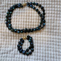 Blue Coin Pearl Double Strand Necklace And Bracelet Set.