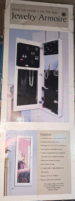 Over-the-Door / Wall-Mounted White Wooden Jewelry Armoire with Mirror