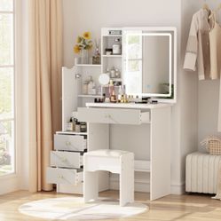 Vanity Desk with Mirror and Lights, Vanity Makeup Desk with Sliding Lighted Mirror, Vanity Mirror Makeup Desk with Cushion Stool, Drawers and Shelves,