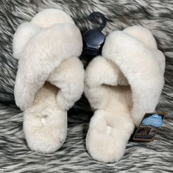 Lambo Sheepskin Alisa Cream Cross Women’s Slippers Size 10