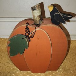 Wooden Carved Pumpkin with Black Crow Decoration