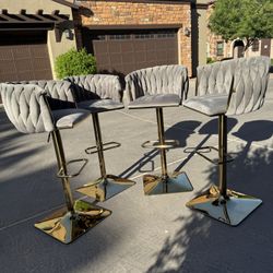 Set Of 4 Grey/Gray Upholstered Swivel Barstools Gold Hardware Tufted Velvet