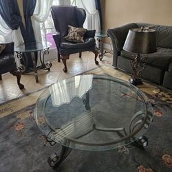 3 ELEGANT PEWTER AND BEVELED GLASS  LIVING ROOM TABLES. LIKE NEW 