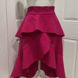 ZARA Women’s Bright Raspberry High Low Ruffled, Raw Hem Skirt, M
