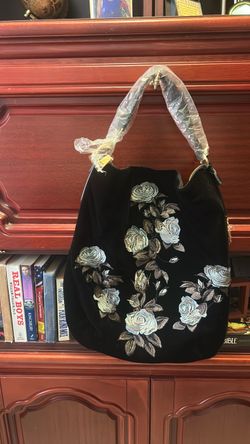 Black Velvet Hobo bag with Floral Embroidery