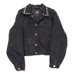 Liz Wear M Black Denim Jean Jacket w Pearl Accent Collar Pockets Cotton Button