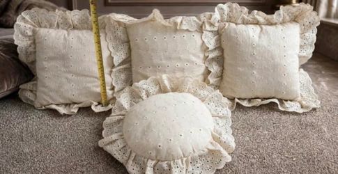 Vintage Cream Eyelet Lace Ruffle Pillows, Set of 4 (3 Square, 1 Round)
