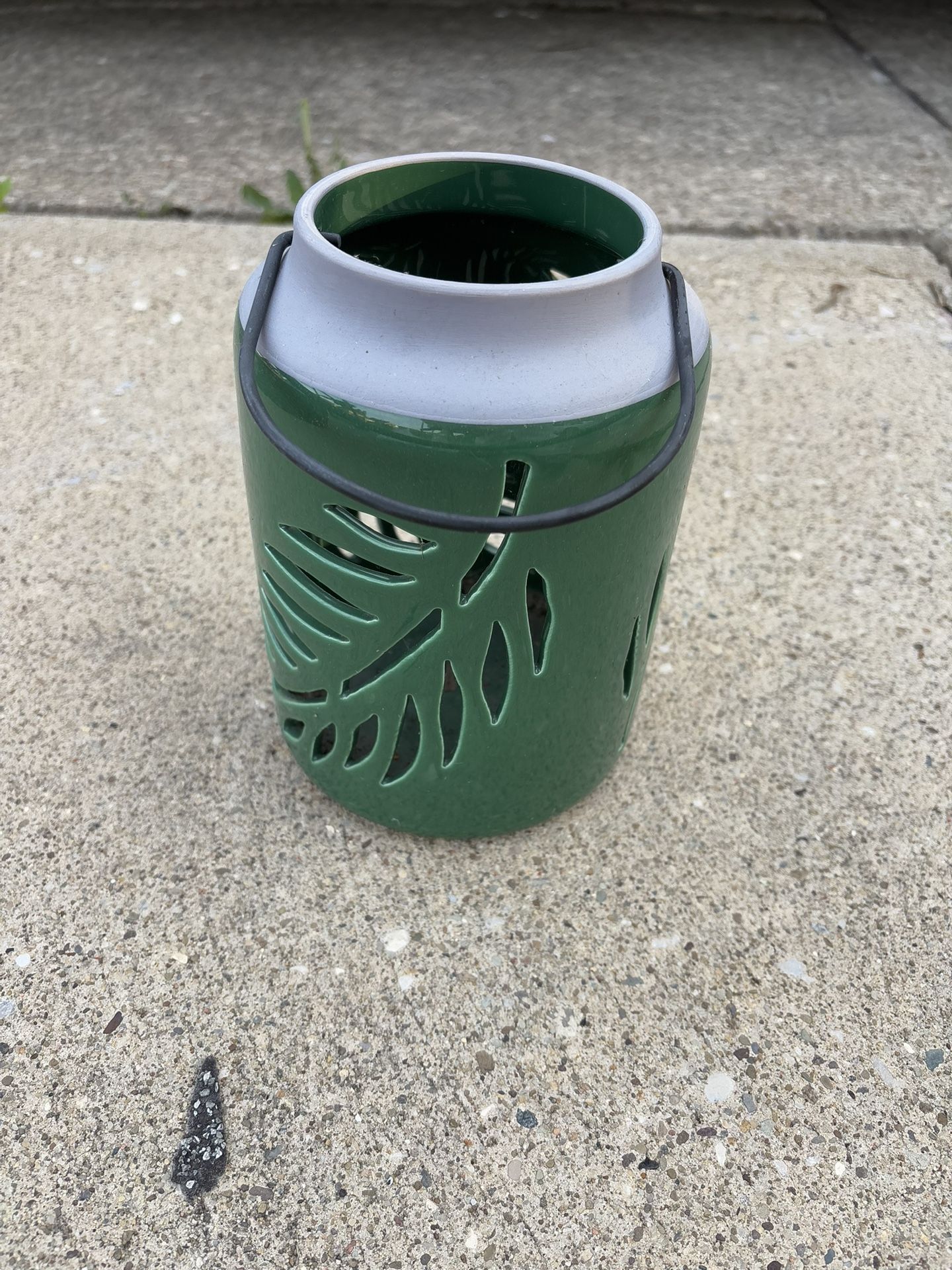 Green Ceramic Lantern with Leaf Cutouts