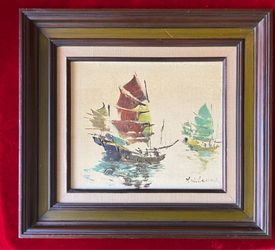 Vintage Y. W. Leung Wood Framed Original Oil On Canvas Painting of Asian Boats