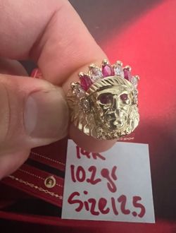14K Solid Gold Indian Head Ring CUBIC ZIRCONIUM STONES 10.2Gr Size 12.5