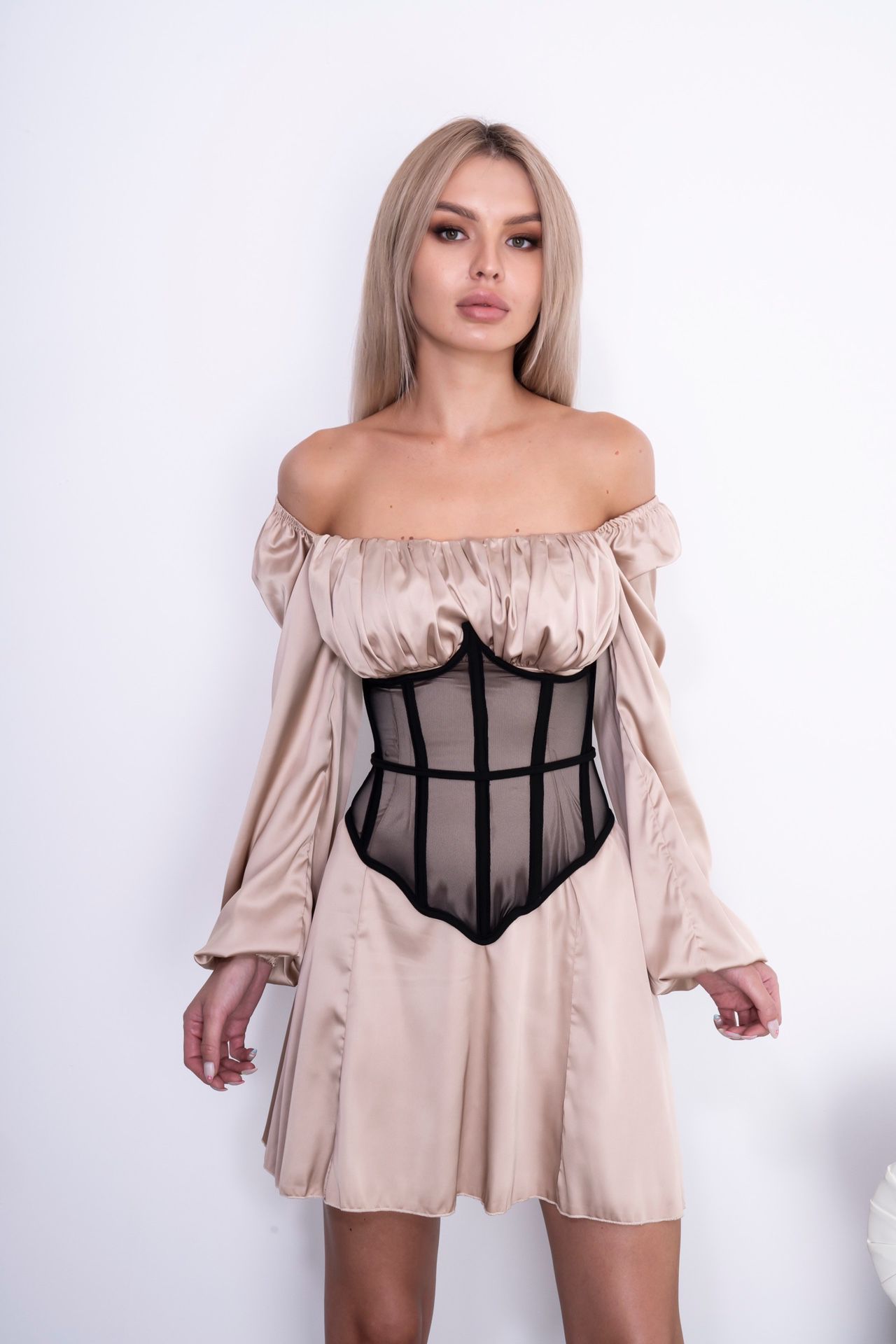 SILK FITTED DRESS WITH SHEER LINGERIE CORSET LACE-UP