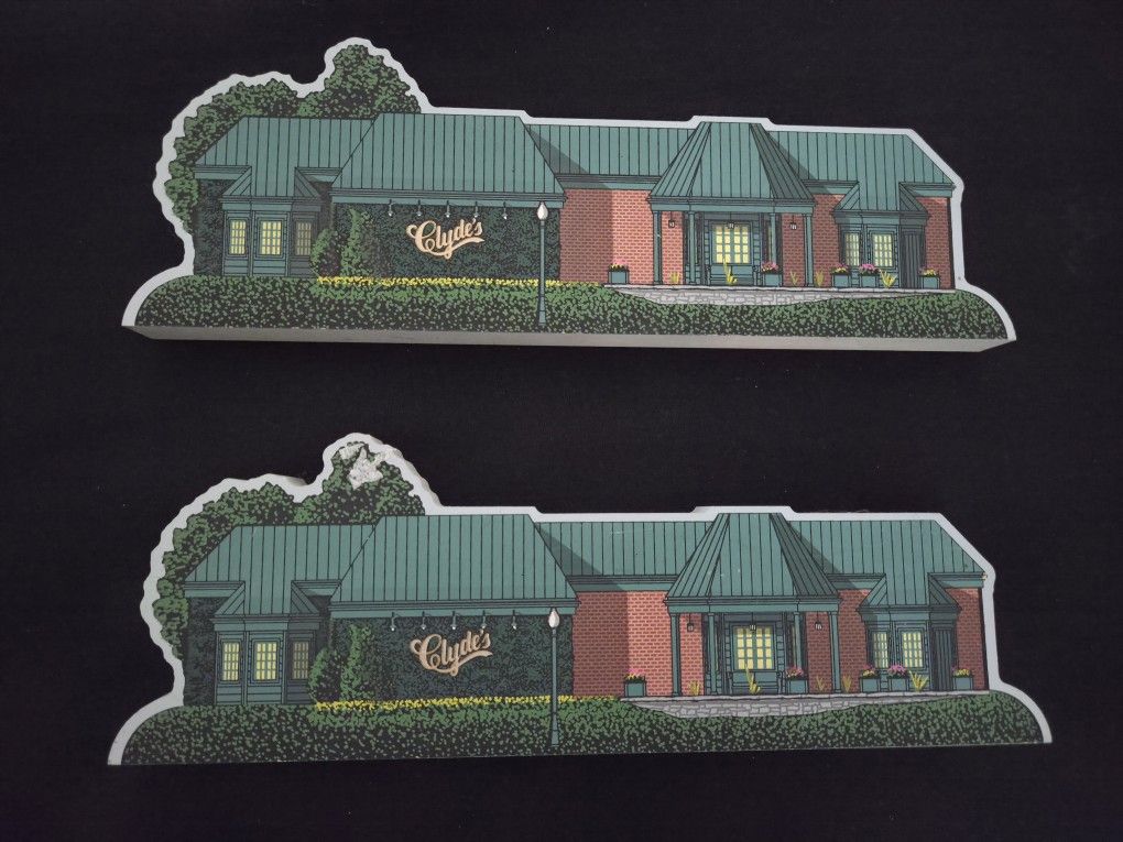 2 Signed 'Clyde's At Mark Center' Hand Carved & Handpaint On Wood 10.5"x3" Vtg