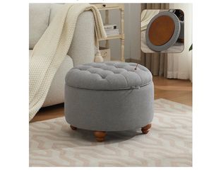 24Inch Round Storage Ottoman with Tray, Modern Tufted Fabric Circle Coffee Table with Storage, Upholstered Ottoman with Removable Top for Living Room