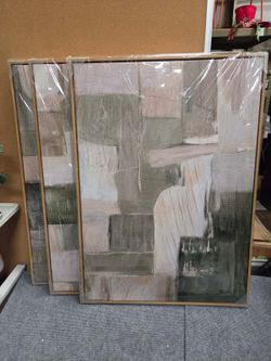 28x20 Framed Abstract Canvas Wall Art – Modern Neutral Natural Oak NEW NIB