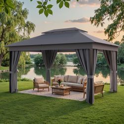 13x10 Ft Outdoor Gazebo Canopy Tent with Double Roof and Detachable Curtains for Garden and Deck