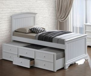Brand New White Twin Size Bed Frame w Trundle Bed + Drawers 