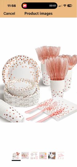 AIRE Pink Rose Gold Paper Plates Set, 175PCS Disposable Dinnerware for 25 Thick food-grade paper,ideal for elegant weddings birthday graduations,leakp