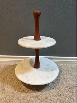 Two-Tier Marble & Wood Serving Stand