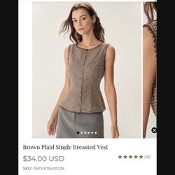 Brown Plaided Vest Size Medium Women Top