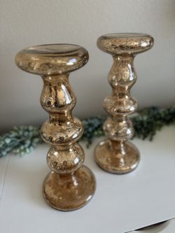 2 West Elm Mercury Glass Candleholders Candlesticks Gold 15” Tall