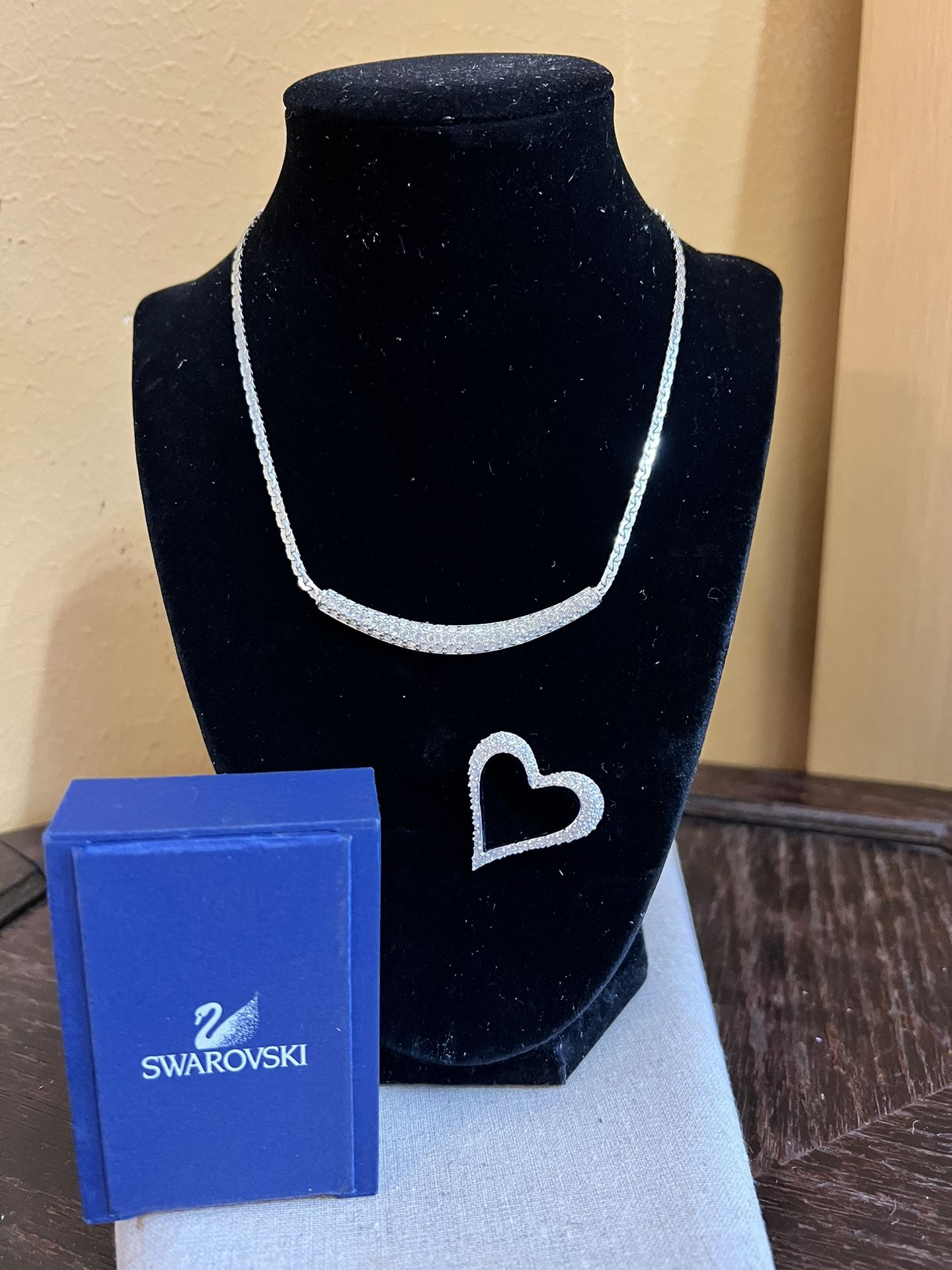 Swarovski Crystal Pave Silver Tone Choker Necklace And Brooch Heart Pin