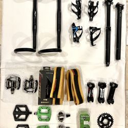 Bike Parts Bin Clean Out Bicycle Handlebars Stems Pedals Seatpost Cages  Tires