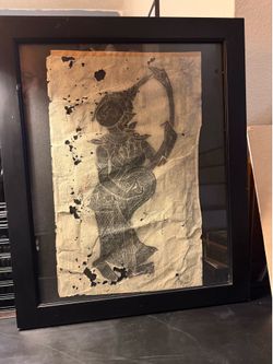 Vintage Mid-Century Thai Temple Charcoal Rubbing Art (Framed)