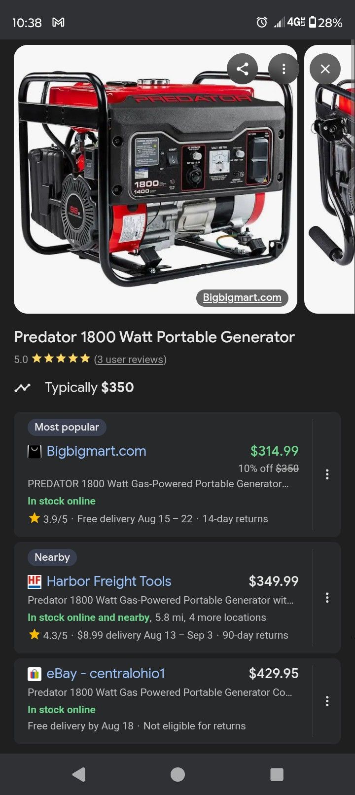 Predator Generator Peak Watts 4000