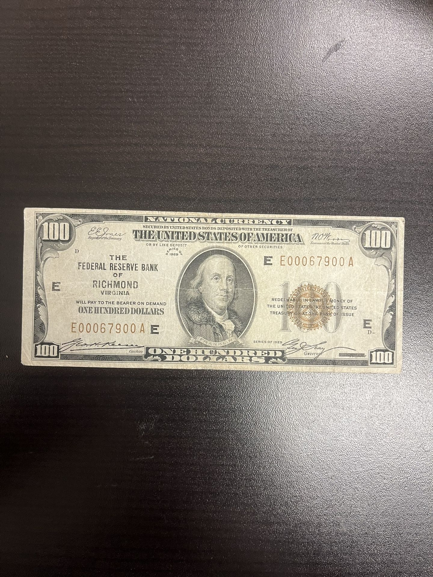 1929 $100 Richmond Virginia Old U.S. Paper Money