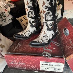 Lucchese Fiona Womens Stud Black Inlay Leather Cowboy Western Boots