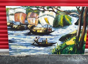 For Sale: Original Large Canvas Painting – Scenic River & Sailing BoatsL60” H38”