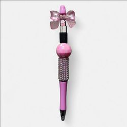 Bow And Lipstic Pink Beaded Ballpoint Twist Pen