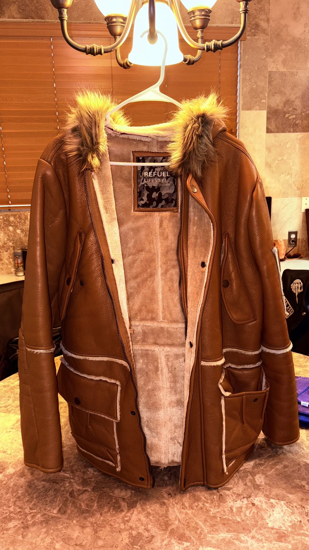 Warm Tan LEATHER COAT, AND A WARM WHITE VEST WITH HOOD!!!