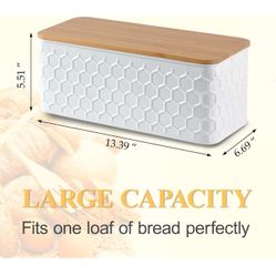 Bread Box for Kitchen Countertop Corner Breadbox for Homemade Bread Metal White Honeycomb Pattern Embossed Bread Storage Container Bin with Bamb