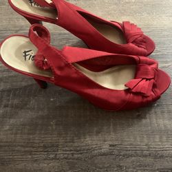 Fioni Night red satin peep toe slingback heels