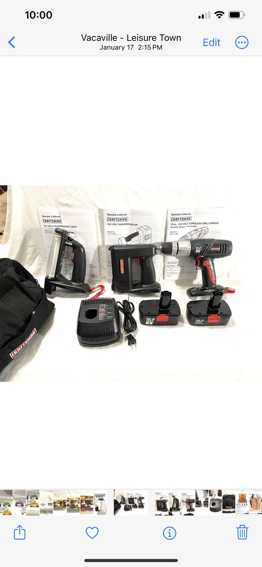 Great Condition Craftsman 19.2V 3 Piece Tool Set- Nailer Staple Tool, Drill Driver, Work Light, 2 Batteries, Charger & Tool Bag 