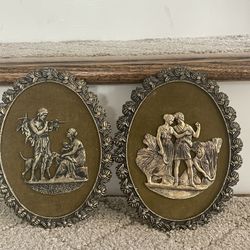 (2) Vintage Gold Tone Cast Metal Ornate Filigree Roman Greek Plaque Wall Decor