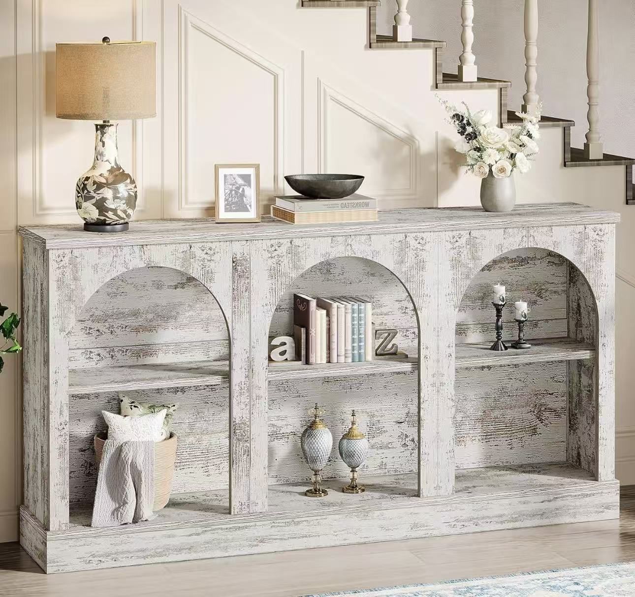 JW0994 Farmhouse Console Table, 63-Inch Long Entryway Table with 3 Tier Storage, Wooden Rectangular Sofa Table Behind The Couch for Entrance, Hallway,