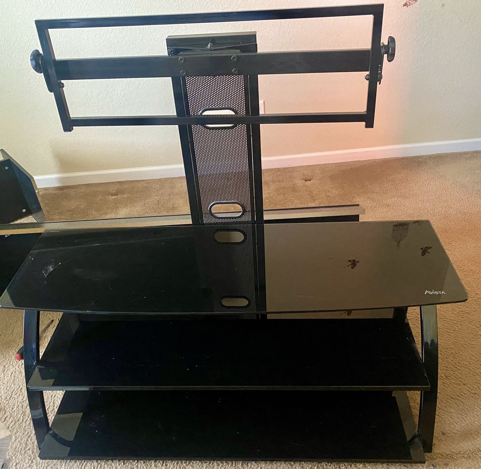 Two Flat Panel TV Console Stand With Glass Shelves, Black