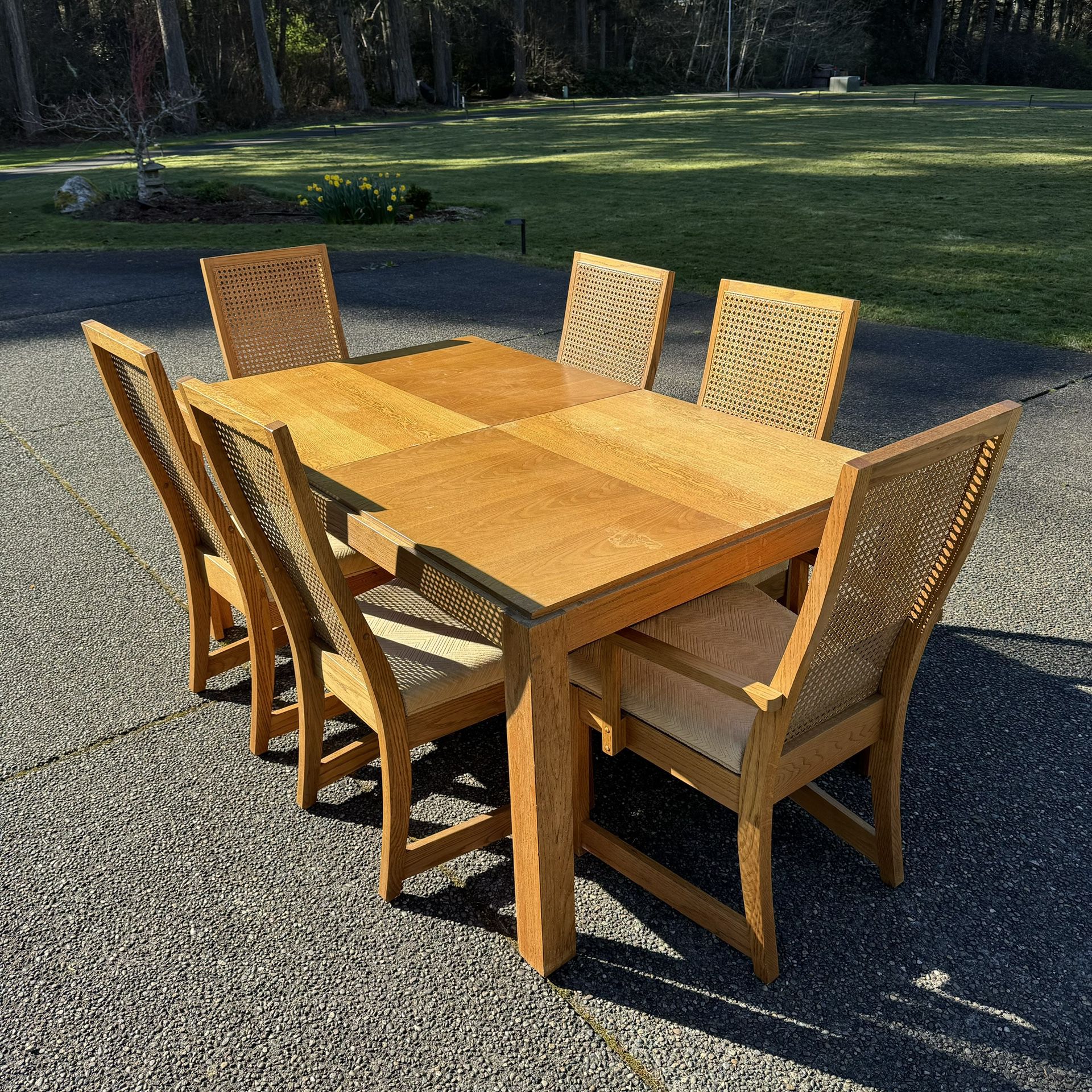 Bernhardt Vintage Mid Century Modern Oak Cane Back Dining Chairs + Table 